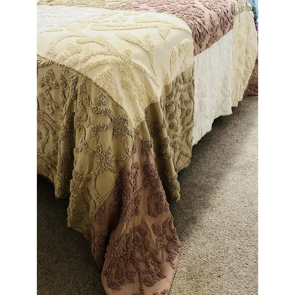 Vintage Mauve Tan Chenille Bedspread King Cream Block coverlet Cottage Grannycor